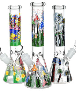 Shrooms Are Watching Glow Glass Beaker Water Pipe - 10" / 14mm F / Designs Vary - Headshop.com