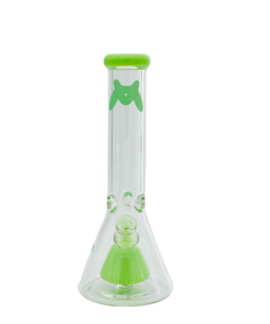 MAV Glass 12" x 7mm Slitted Pyramid Beaker Bong - Front View with Green Accents