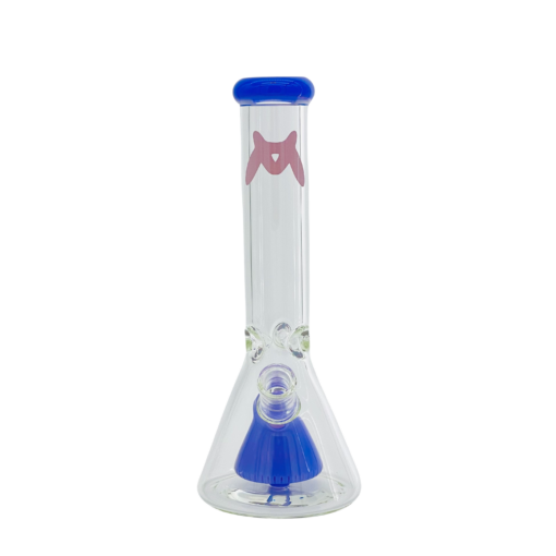MAV Glass 12" Beaker with Blue Slitted Pyramid Perc & Ice Pinch, 7mm Thick, Front View