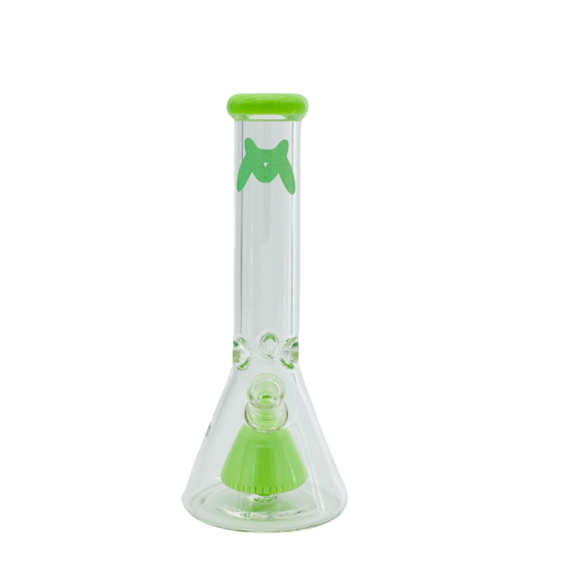 MAV Glass 12" x 7mm Slitted Pyramid Beaker Bong - Front View with Green Accents