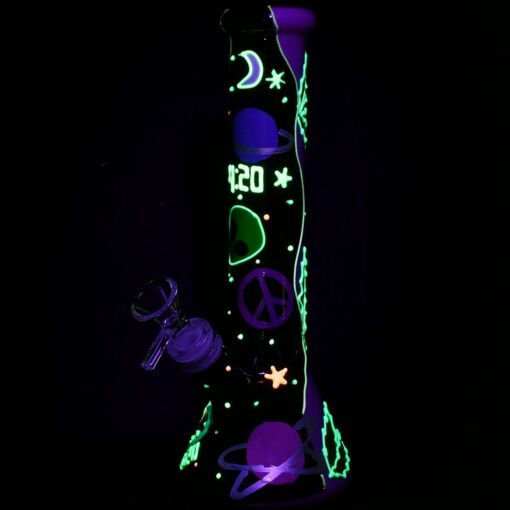 420 Beam Me Up Beaker Glow In The Dark Glass Water Pipe - 9.5" / 14mm F - Headshop.com