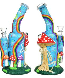 Wide Eyed Shroom And Smoking Skeleton Glow In Dark Water Pipe - 9.5" / 14mm F - Headshop.com