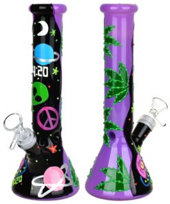 420 Beam Me Up Beaker Glow In The Dark Glass Water Pipe - 9.5" / 14mm F - Headshop.com