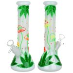 420 Hemp Leaf and Shrooms Glow In The Dark Glass Water Pipe - 9.5" / 14mm F - Headshop.com