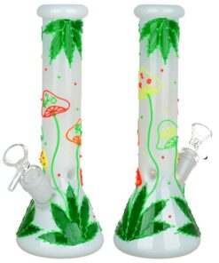 420 Hemp Leaf and Shrooms Glow In The Dark Glass Water Pipe - 9.5" / 14mm F - Headshop.com