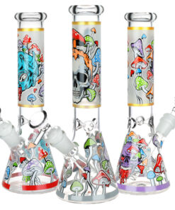 Monsters And Shrooms Glow Glass Beaker Water Pipe - 10" / 14mm F / Designs Vary - Headshop.com