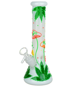 420 Hemp Leaf and Shrooms Glow In The Dark Glass Beaker Water Pipe | 9.5" | 14mm F