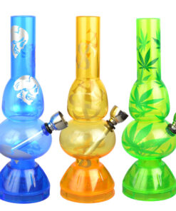Mini Acrylic 2 Bubble Water Pipe w/ Built in Grinder Base - 6.75" / Assorted Designs - Headshop.com