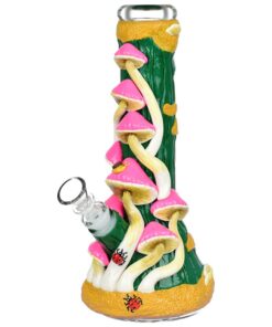 Mushroom Madness Glow in Dark Glass Beaker Water Pipe - 10" /14mm F/ Colors Vary - Headshop.com
