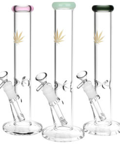 Gold Hemp Leaf Straight Tube Water Pipe - 12" / 14mm F - Headshop.com