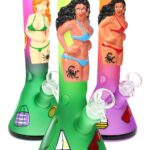 Frosted Glass Beaker Bong “Beach Babe” – Glass-on-Glass – Ice Pinch – 10″