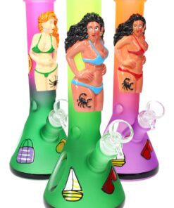Frosted Glass Beaker Bong “Beach Babe” – Glass-on-Glass – Ice Pinch – 10″