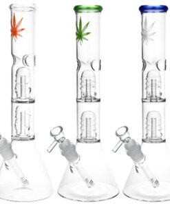 Double Stacked Hemp Leaf Beaker Water Pipe - 12" / 14mm F / Colors Vary - Headshop.com