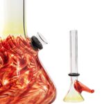 LA Pipes 8" Raked Beaker Water Pipe with vibrant red swirls, side view, for dry herbs