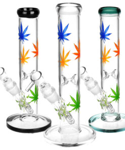 Hemp Leaf Straight Tube Water Pipe - 9.75"/14mm F/Clrs Vry - Headshop.com