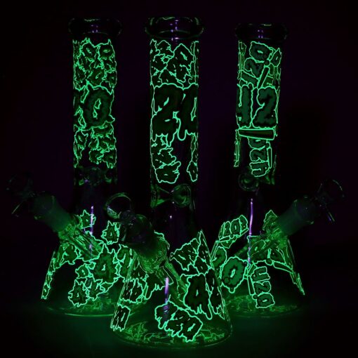 420 Clouds Glow In The Dark Beaker Glass Water Pipe - 10" / 14mm F / Colors Vary - Headshop.com