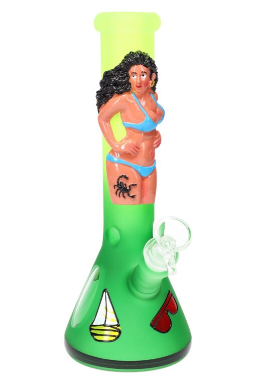 Frosted Glass Beaker Bong “Beach Babe” – Glass-on-Glass – Ice Pinch – 10″