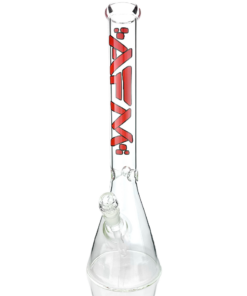 18" AFM Classic Clear Glass Beaker Bong with Red Logo, Front View on White Background