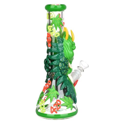 Glowfly Glass 420 Dragon Beaker Water Pipe - 10" Glow in Dark - Side View