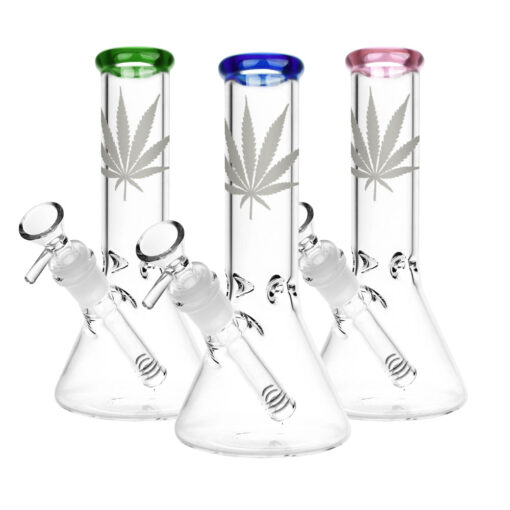 Silver Hemp Leaf Glass Beaker Bongs, 14mm Female Joint, Colored Accents, Front View