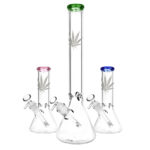 Silver Hemp Leaf Glass Beaker Water Pipes in various colors with 14mm female joint and deep bowl
