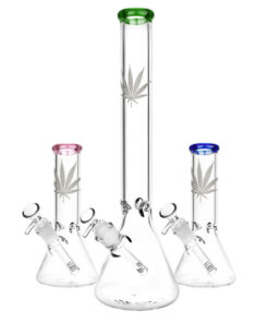 Silver Hemp Leaf Glass Beaker Water Pipes in various colors with 14mm female joint and deep bowl