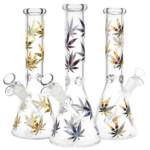 Stylized Hemp Leaf Glow in the Dark Glass Beaker Water Pipe | 10" | 14mm F | Designs Vary