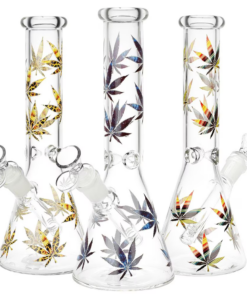Stylized Hemp Leaf Glow in the Dark Glass Beaker Water Pipe | 10" | 14mm F | Designs Vary