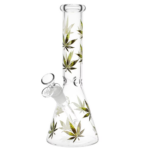 Stylized Hemp Leaf Glow in the Dark Glass Beaker Water Pipe | 10" | 14mm F | Designs Vary