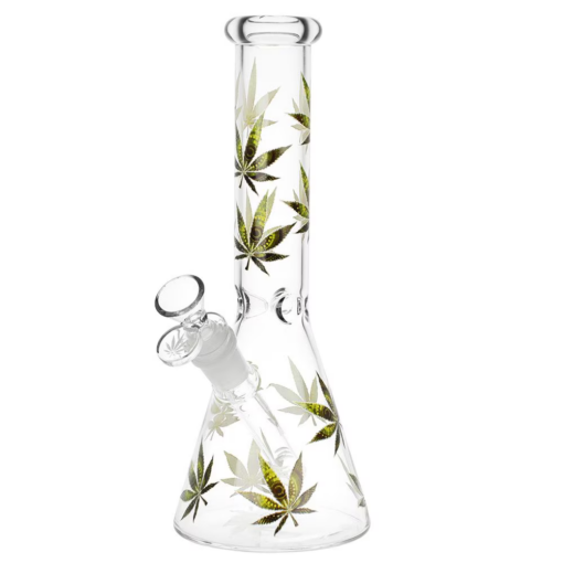 Stylized Hemp Leaf Glow in the Dark Glass Beaker Water Pipe | 10" | 14mm F | Designs Vary