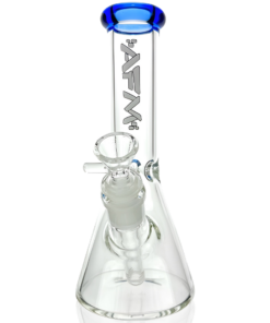 8" AFM Glass Mini Beaker with Blue Colored Lip and Showerhead Perc - Front View