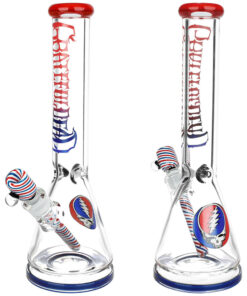 Pulsar Grateful Dead Liberty Beaker Glass Bongs with Ice Catcher, Front and Side Views