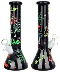 420 Leaf and Shroom Glow In Dark Glass Beaker Water Pipe - 9.5" / 14mm F - Headshop.com