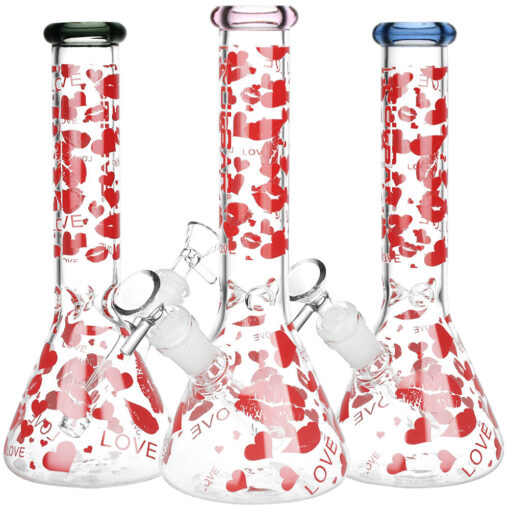 Pulsar Hearts and Kisses Glass Beaker Water Pipe - 9.75" / 14mm F / Colors Vary - Headshop.com