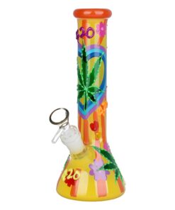 420 Hemp Leaf Glow In The Dark Beaker Glass Water Pipe - 9.25" / 14mm F - Headshop.com