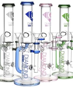 Diamond Glass Gold Inline Perc Recycler Water Pipe - 11" / 14mm F / Colors Vary - Headshop.com