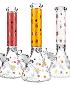 Foil Hemp Leaf Print Water Pipe- 14" / 14mm F / Colors Vary - Headshop.com