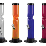 Assorted colors acrylic straight tube water pipes with ice catchers, front view on white background