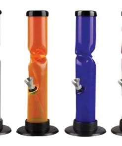 Assorted colorful acrylic straight tube water pipes with ice catchers, side view