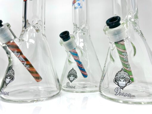 AFM The Popcorn & Rainbows 9mm Beaker Bongs, 18" Height, Front View on White Background