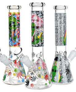 Aliens And Hemp Leaves Glow Glass Beaker Water Pipe-10" / 14mm F / Designs Vary - Headshop.com