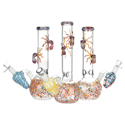 Octopus Frit Bubble Base Water Pipe w/ Ash Catcher | 10" | 14mm F | Colors Vary - Headshop.com