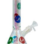 LA Pipes Disco Beaker Bong with iridescent finish and colorful logo, side view on white background