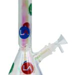 LA Pipes Disco Beaker Bong with iridescent finish and colorful LA logo decals, front view