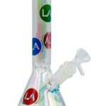 LA Pipes Champagne Glass Disco Beaker with colorful decals, 8" tall, 38mm diameter, front view