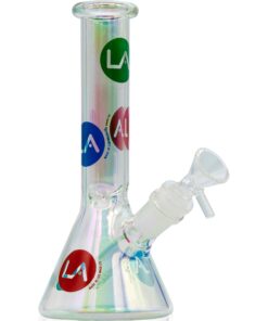 LA Pipes Champagne Glass Disco Beaker with colorful decals, 8" tall, 38mm diameter, front view