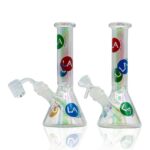 LA Pipes Disco Beaker Bongs in Champagne Glass Design with Colorful LA Logos, Front View on White Background