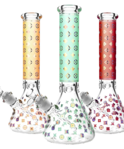 Trio of Designer Floral Diamond Print Bongs with 14" Height and 45 Degree Joint Angle