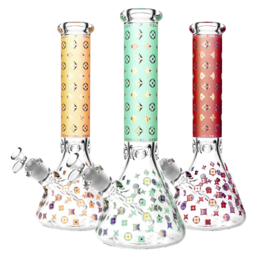 Trio of Designer Floral Diamond Print Bongs with 14" Height and 45 Degree Joint Angle