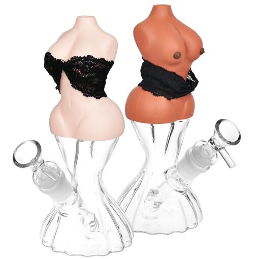 Buxom Body w/ Removable Bra Glass & Silicone Water Pipe - 8" / 14mm F / Colors Vary - Headshop.com